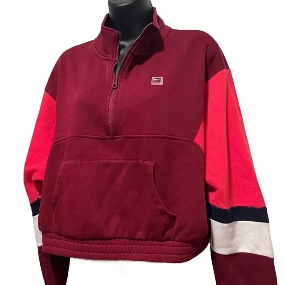 🍀2/$22 Tommy Hilfiger 1/4 Zip Cropped Oversized Sweatshirt Red Womens Medium - Picture 2 of 9
